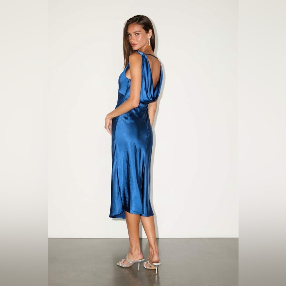 LULU’S Incredible Love Navy Satin Cowl Back Midi Dress - Picture 5 of 7